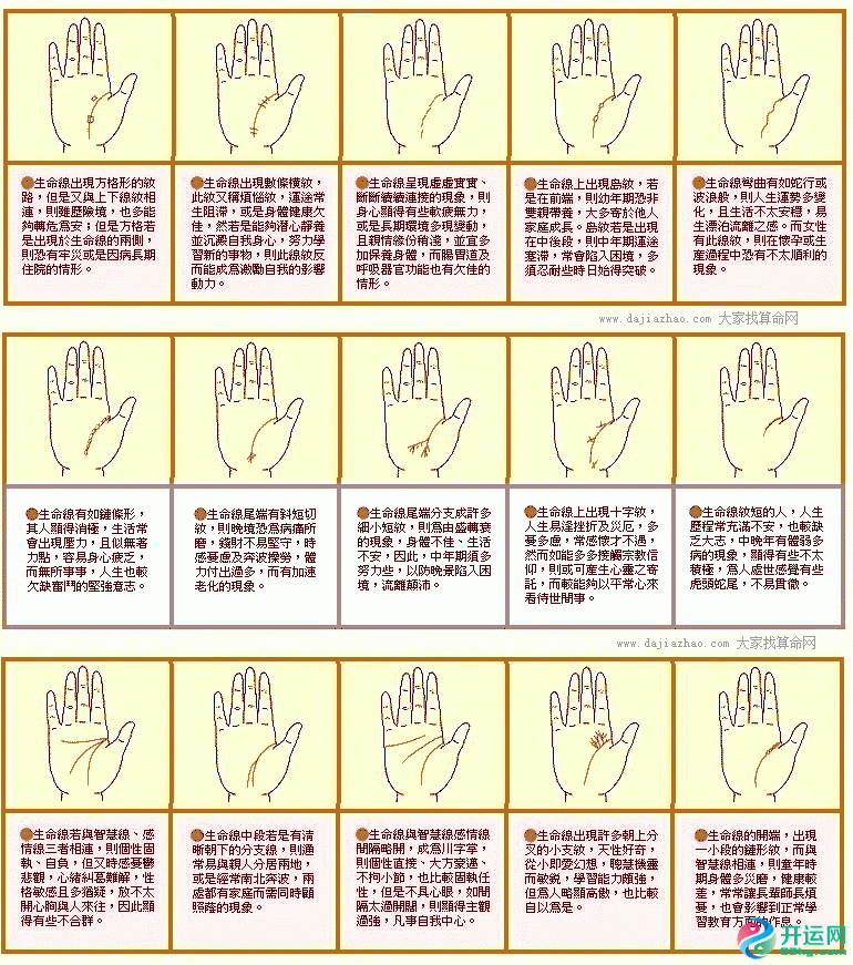 女人手掌生命线图解，生命线分叉20种图解